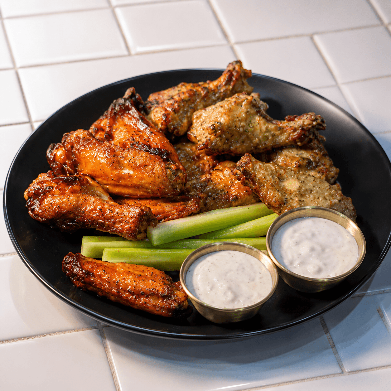 Chicken wings with celery and ranch on a black plate over white tile