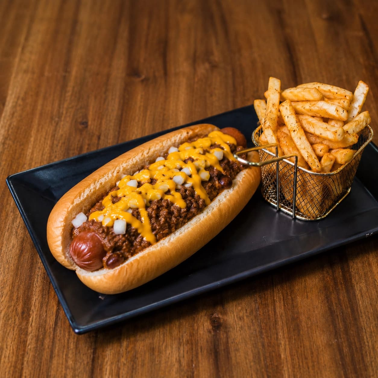 Chili cheese hot dog with chopped onions and seasoned fries