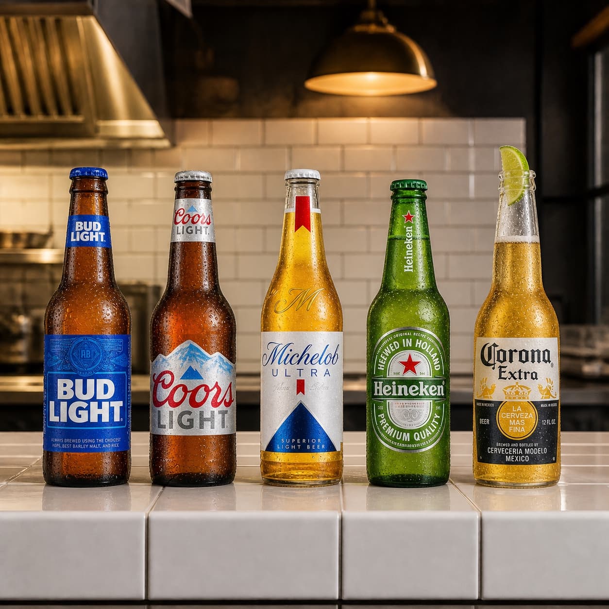 Chilled Bud Light, Coors Light, Michelob Ultra, Heineken, and Corona Extra bottles lined up on a white tile counter