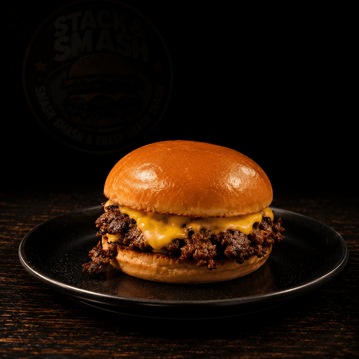 The OG Smash with melted American cheese on a black plate