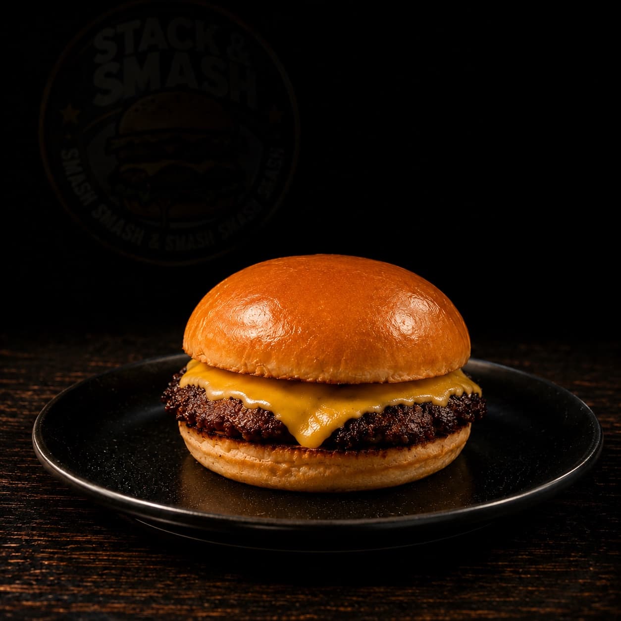 Single Smash cheeseburger with American cheese on a black plate